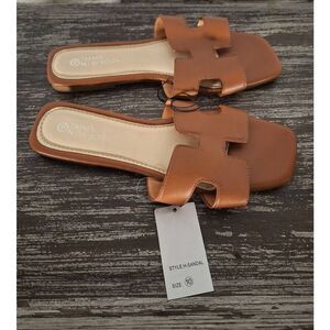 Emma New York Women's Sandals Slip On Pleather Slide Sandals Size 10 Cognac NEW